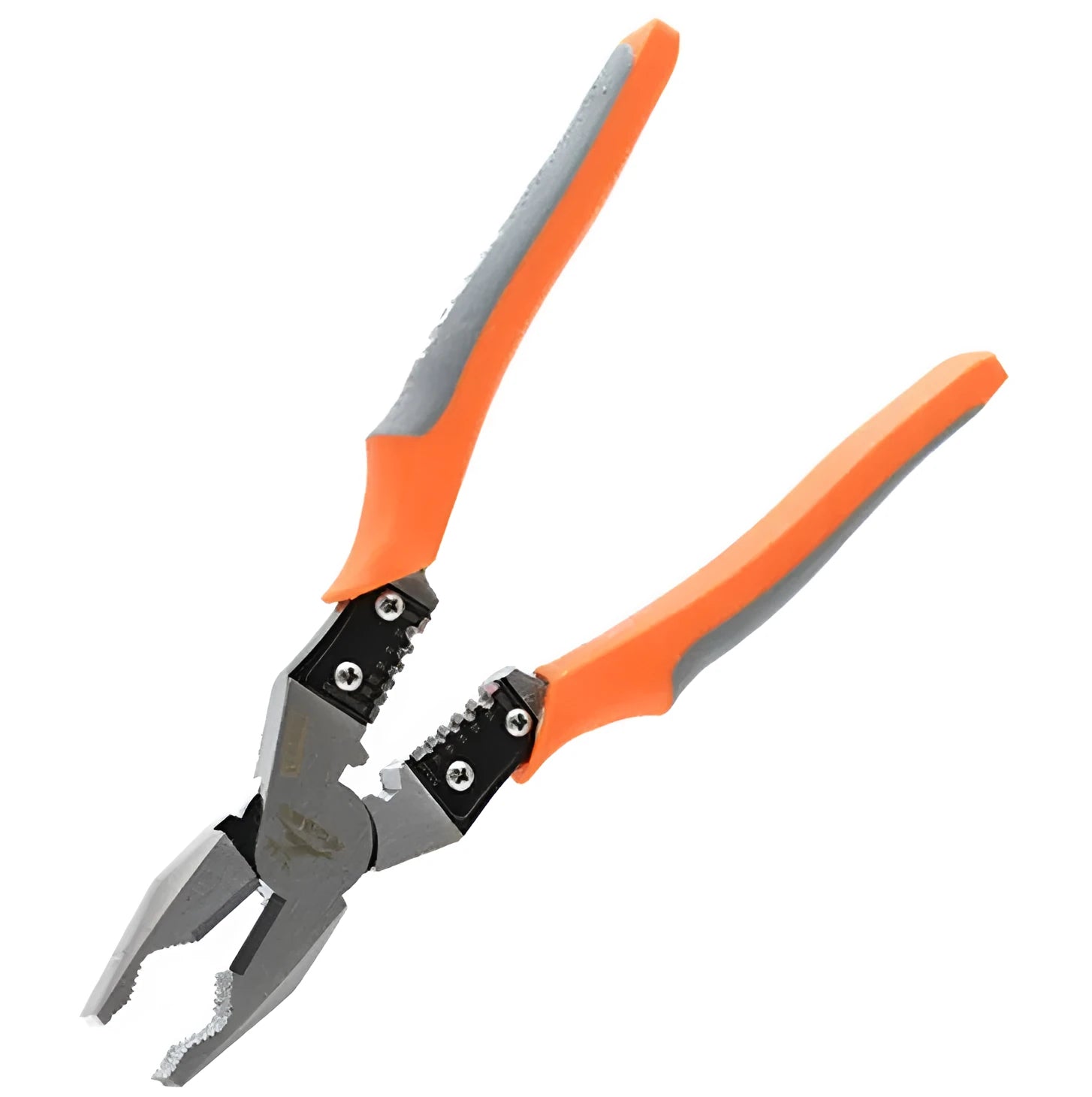 Orange multi-function wire cutter with forged steel head and textured PVC handle on a workbench.