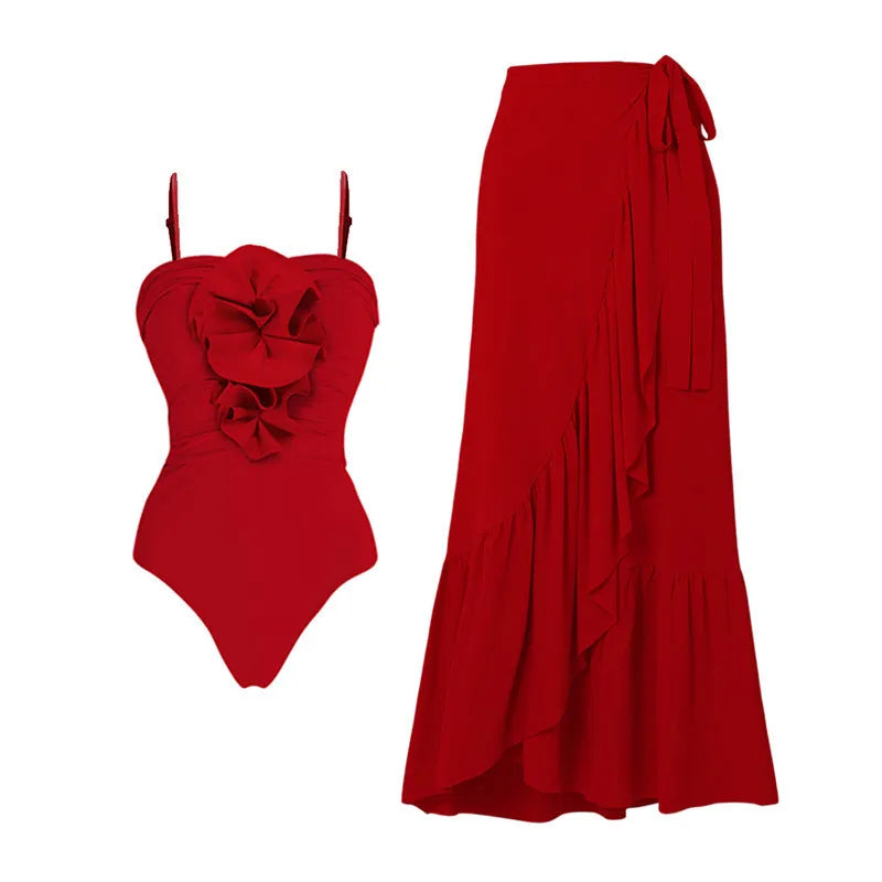 Red women's V-neck one-piece swimsuit with detachable skirt showing open back design