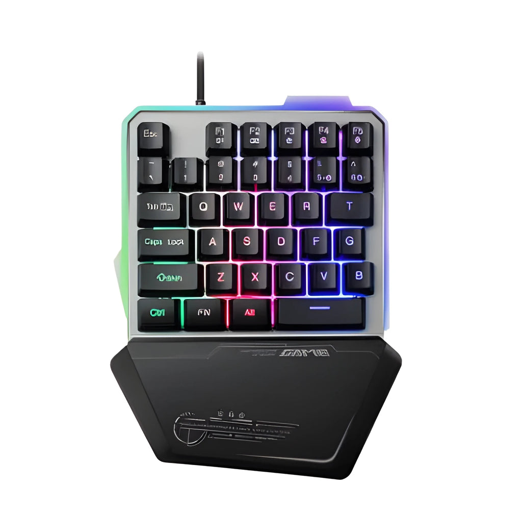 G40 black one-handed mechanical keyboard with RGB backlit keys on a desk.