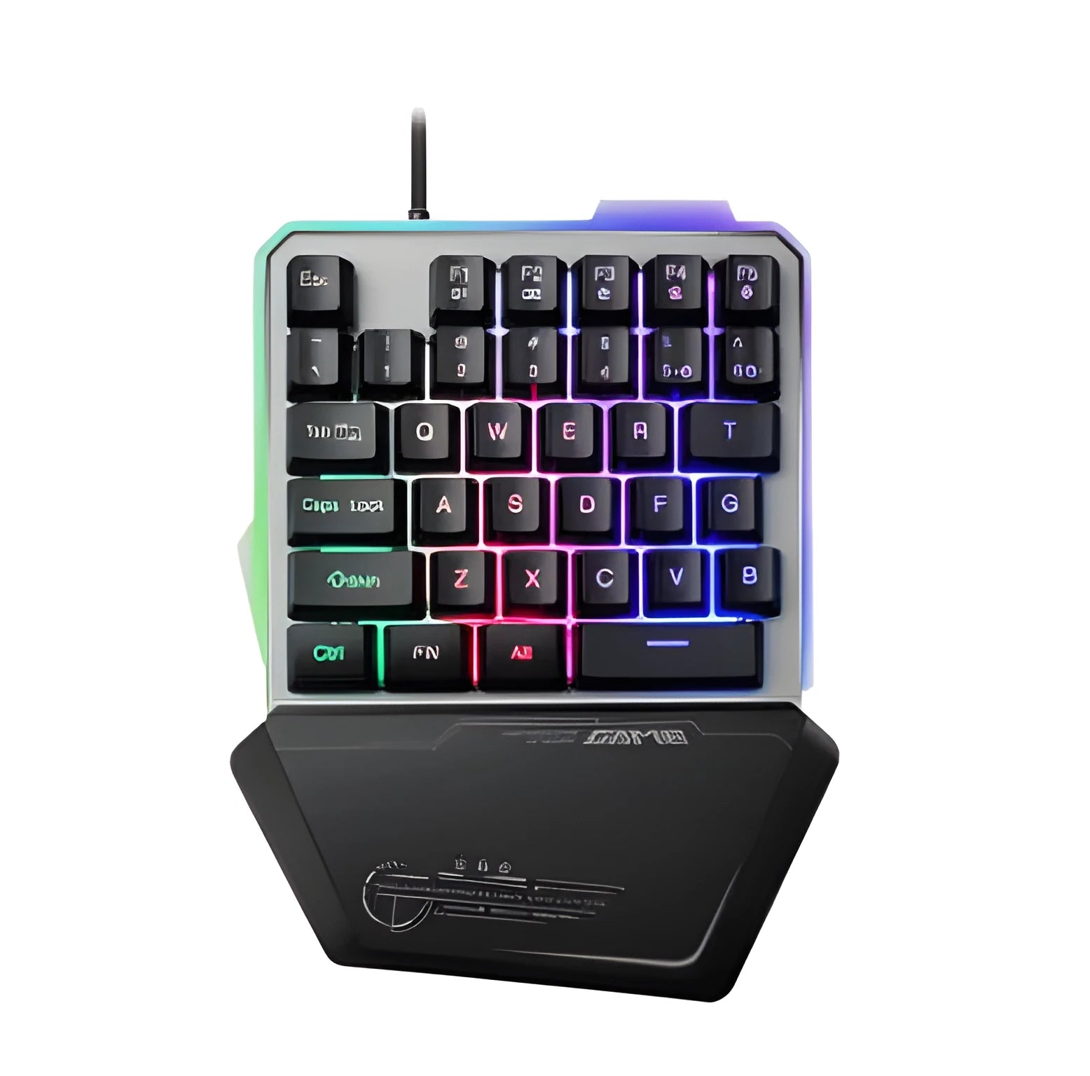 G40 black one-handed mechanical keyboard with RGB backlit keys on a desk.