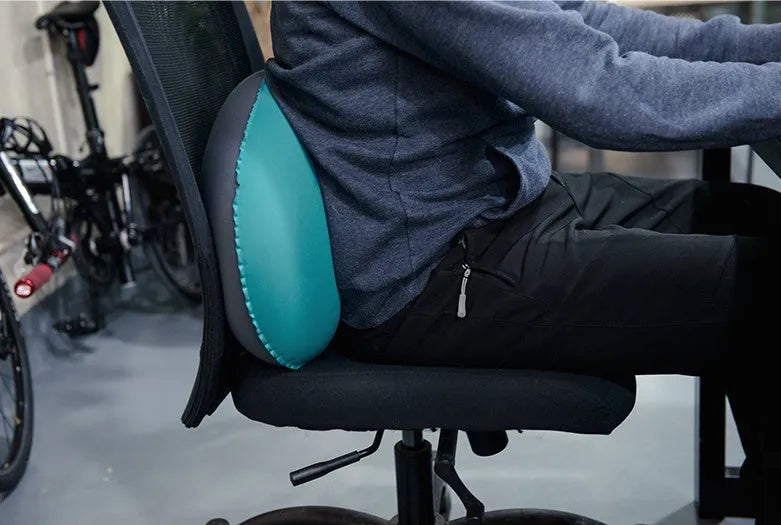 Fruit green inflatable travel pillow with peacock blue pillow case for camping