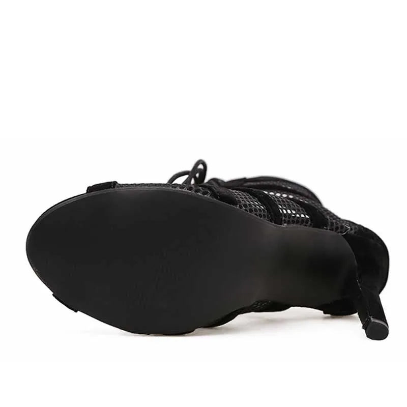 Black suede women's high heel shoes with lace-up design, 11.5cm heel and 1cm platform