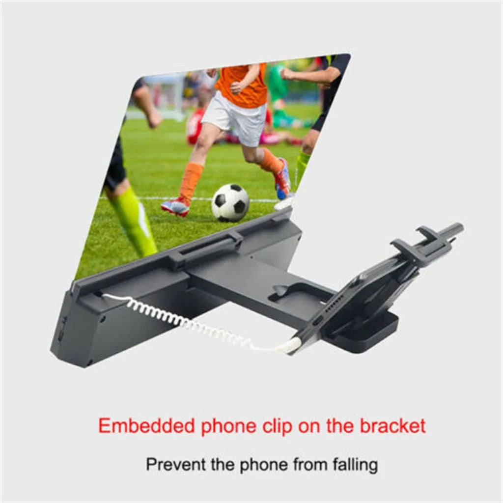 12-inch foldable mobile phone screen amplifier with gooseneck stand and built-in speakers.