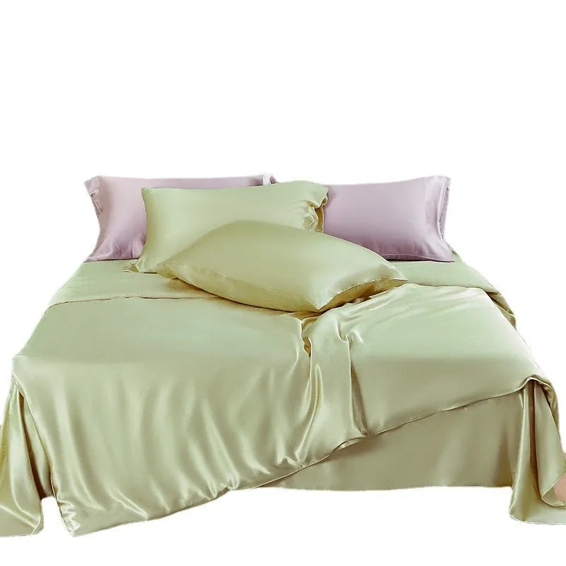 Double-sided silk duvet cover in six solid colours showing smooth plain weave texture