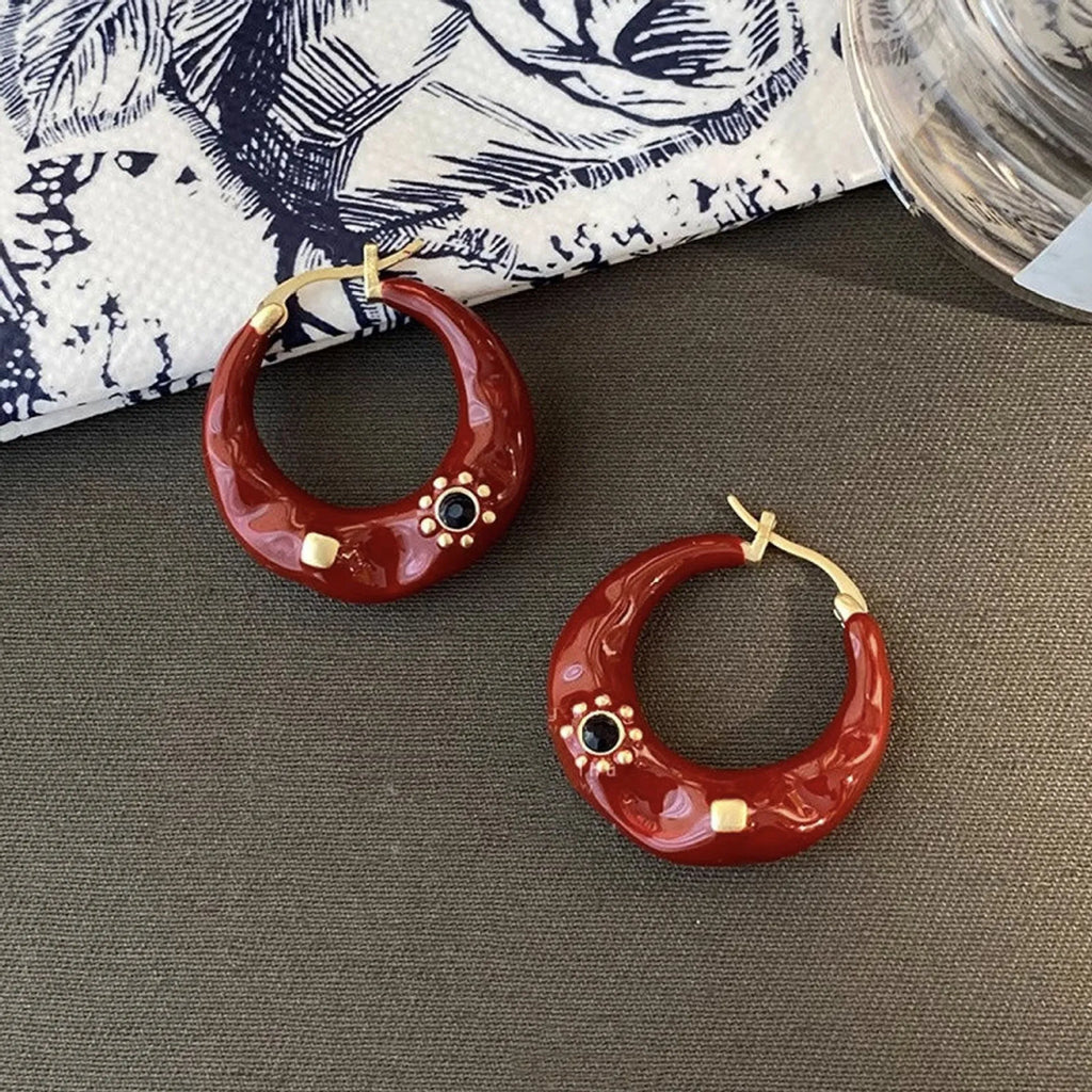 Hong Kong style retro ear studs with dripping oil treatment and rhinestone detail