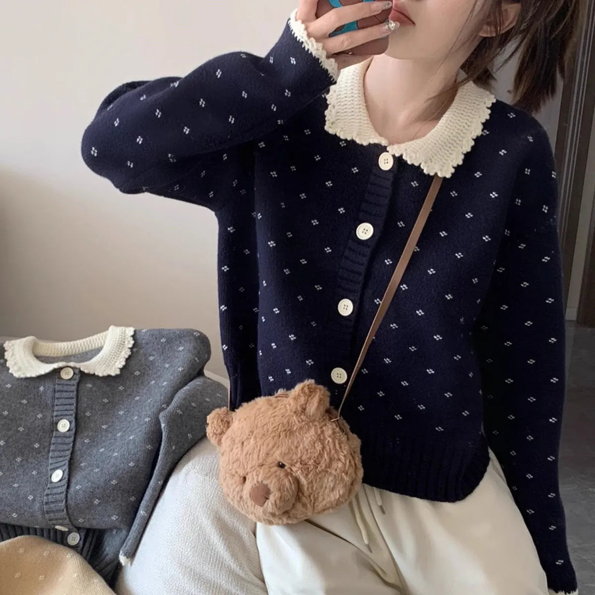Retro Peter Pan collar knitted cardigan coat with floral pattern in navy blue colour