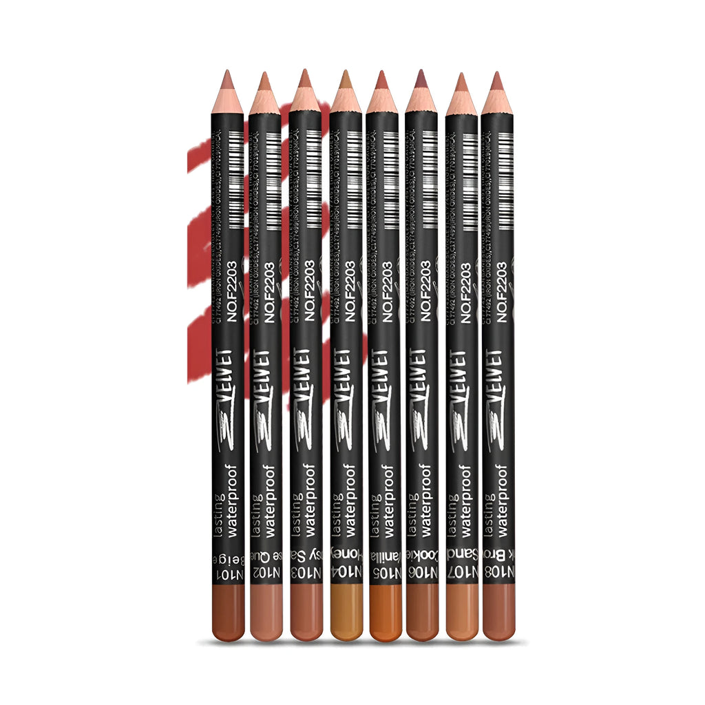 Matte lip liner pencil in a cosmetic case showing one of 14 wood tone shades from colour range 201 to 214