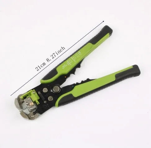 Yellow automatic 3-in-1 wire stripper crimper cutter tool on a workbench.