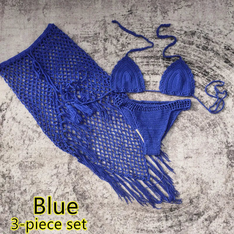Women's 3-piece handmade crochet bikini set with nylon lining in solid colour options for beach and swimming.