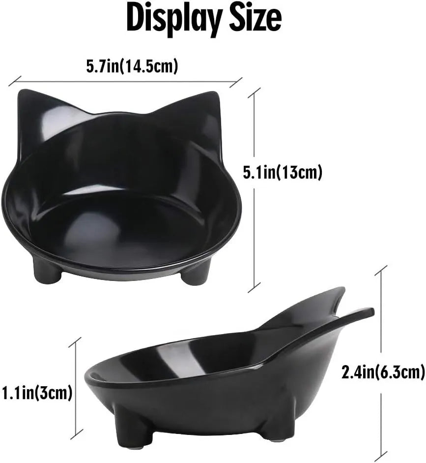 Shallow black or white melamine cat bowl with a non-slip rubber base on a table.