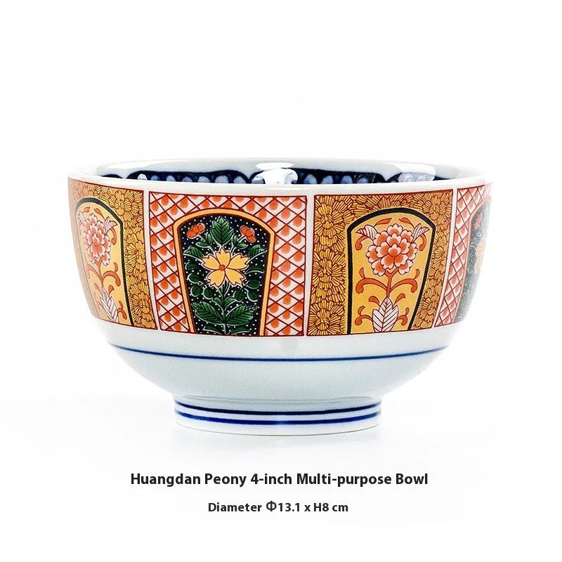4-inch Japanese style porcelain bowl with retro floral pattern in golden peony design