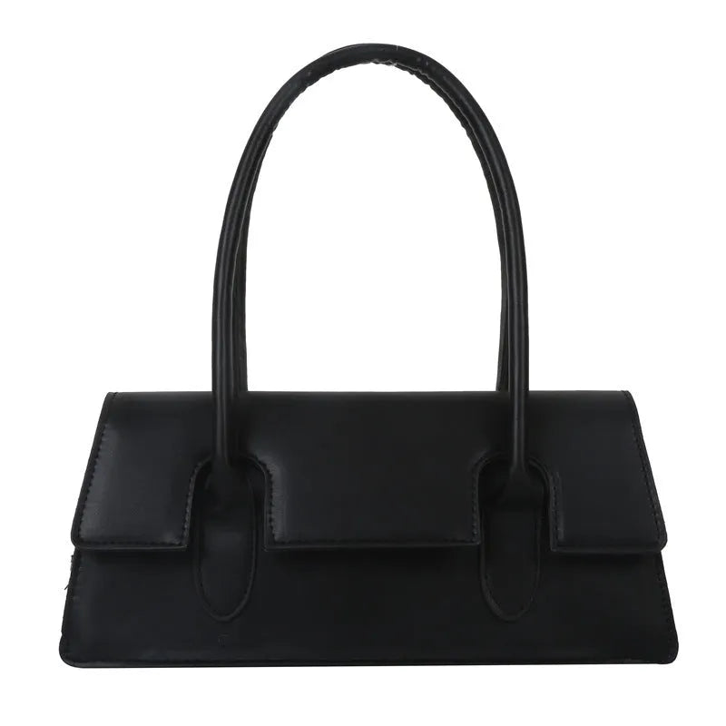 Women's black PU leather square handbag with single shoulder strap and stitching detail