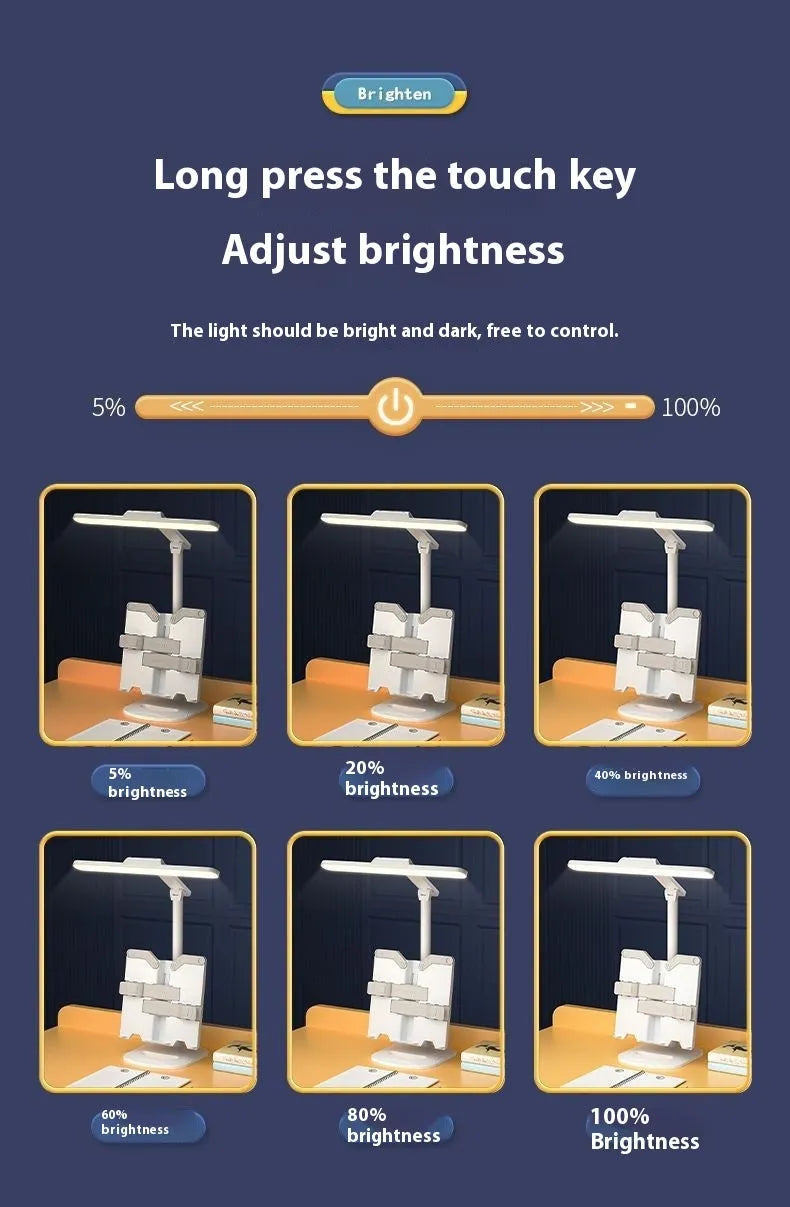 Adjustable multifunctional table lamp with a reading light on a bookshelf, showing dual power and colour temperature controls.