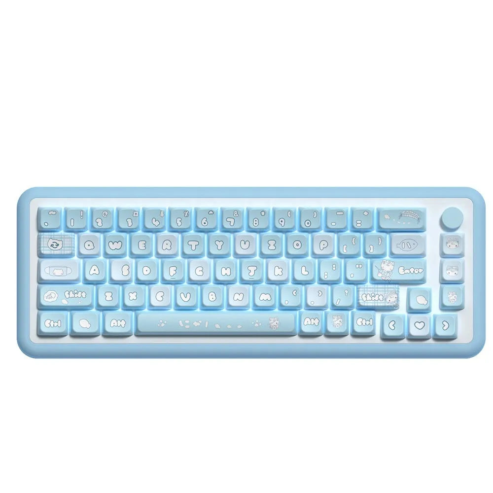Watercolour cat design custom PTB keycap set for mechanical keyboards, showing 138 or 158 keys.