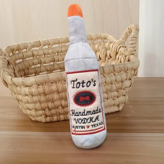 Brown plush wine bottle shaped dog toy with squeaker for small medium dogs