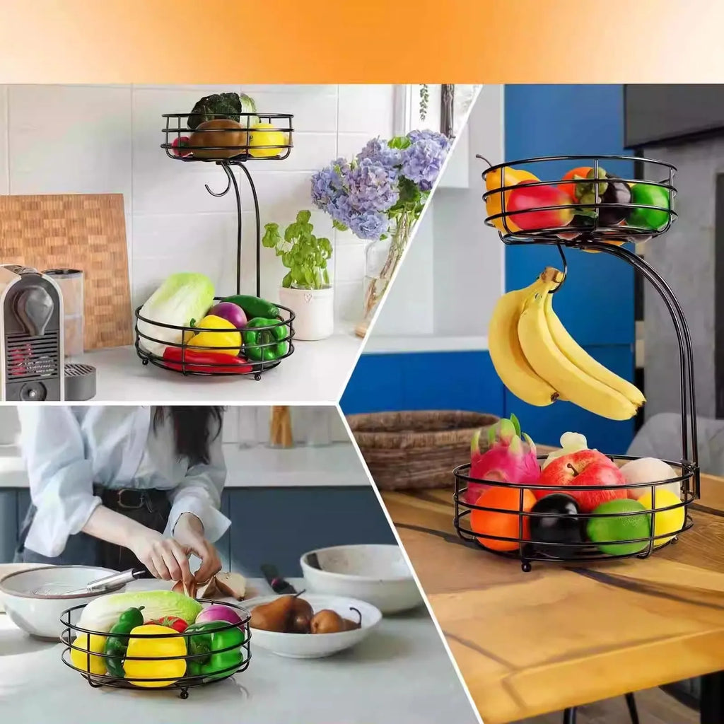Double-layer wrought iron fruit basket in black or gold colour for kitchen storage