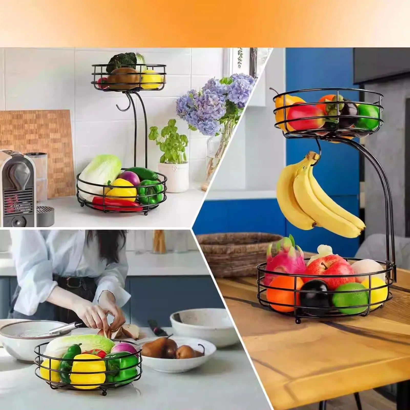 Double-layer wrought iron fruit basket in black or gold colour for kitchen storage