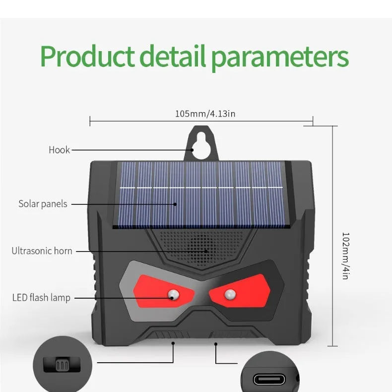 Black solar ultrasonic animal repeller device for outdoor pest control with animal-themed design