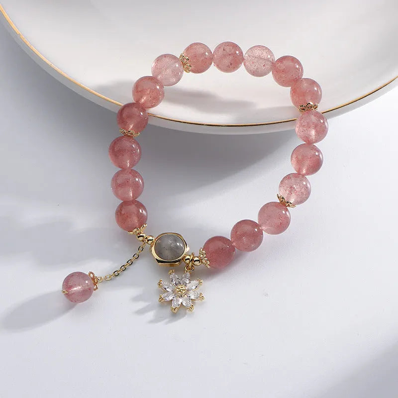 Strawberry quartz crystal bracelet with electroplated floral elements in Mori style