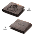 Coffee-coloured engraved horizontal short wallet showing personalised text and seven card slots
