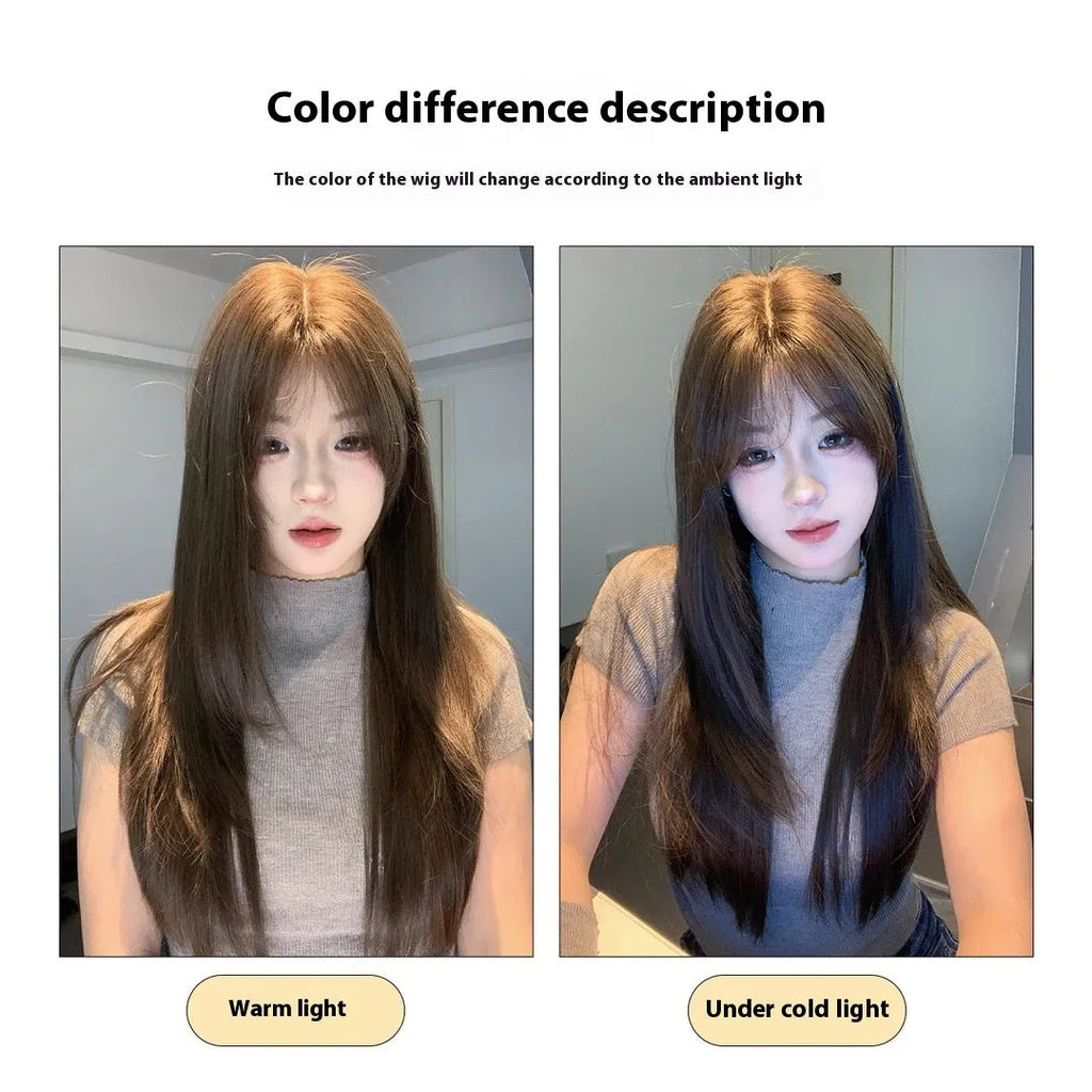 Long straight layered synthetic wig in cold brown colour on a wig stand, showing lace front detail.