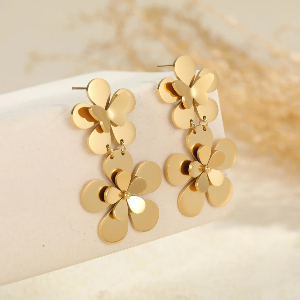 Gold electroplated stainless steel earrings with flower butterfly design for women