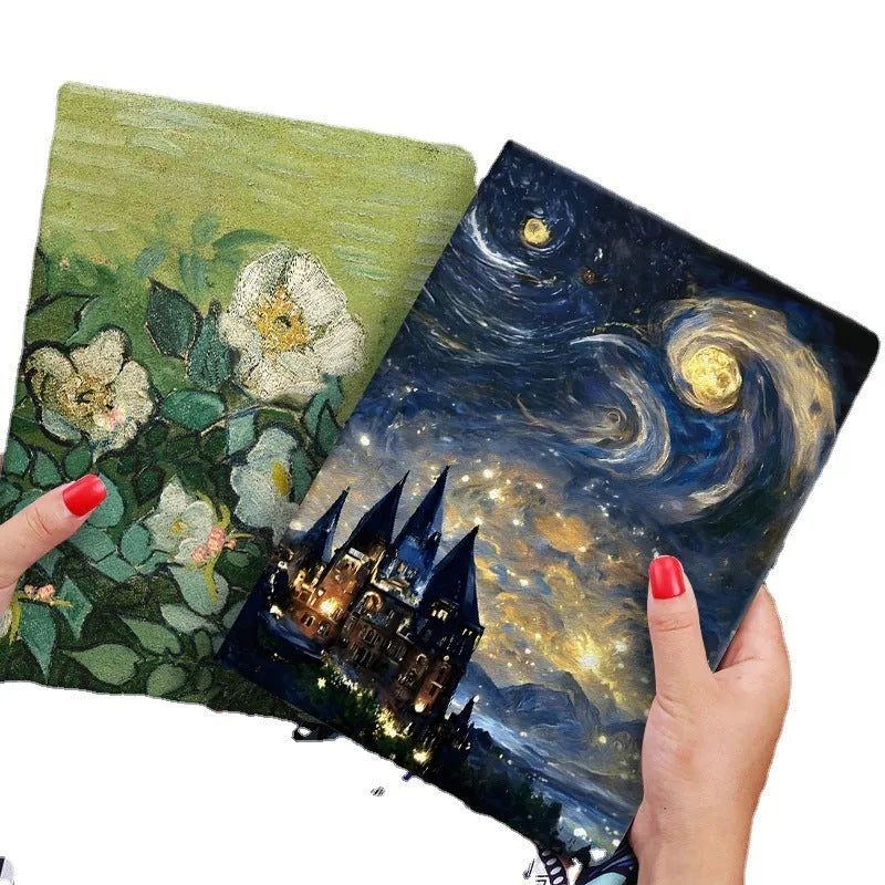 Liquid silicone flip cover case for iPad on a table, showing floral design and closed flap.