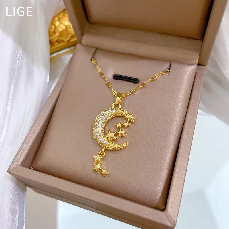 Moon pendant necklace with geometric tassel design and full diamond setting