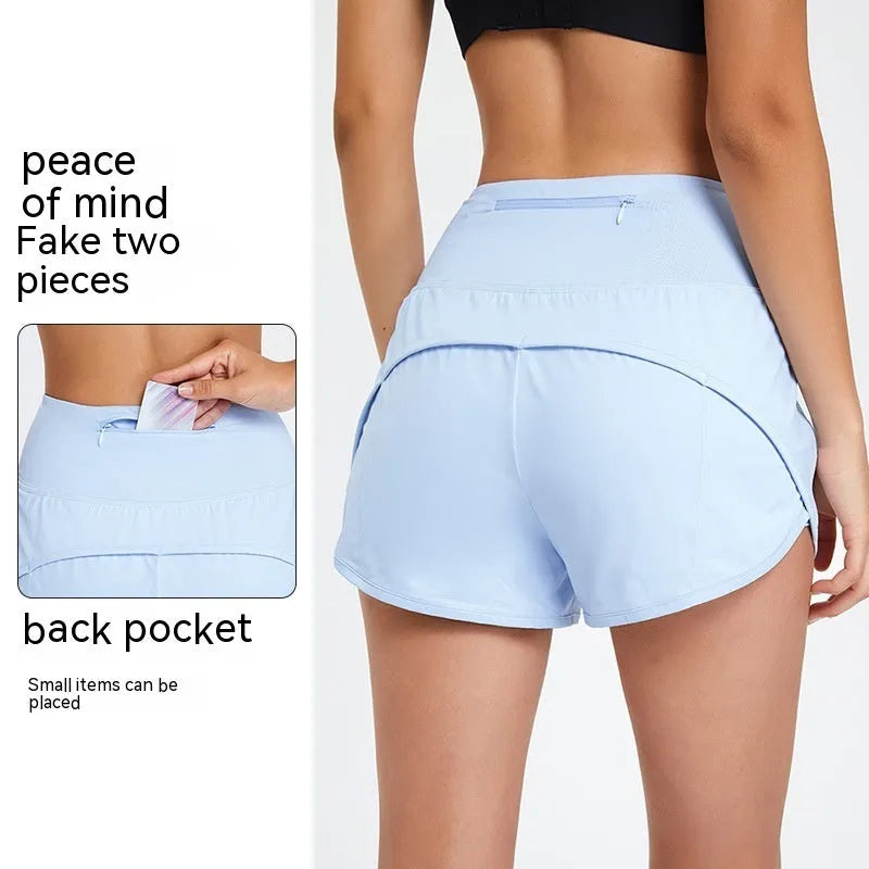Women's high-waisted quick-drying nylon sports shorts in black, white and water blue colours
