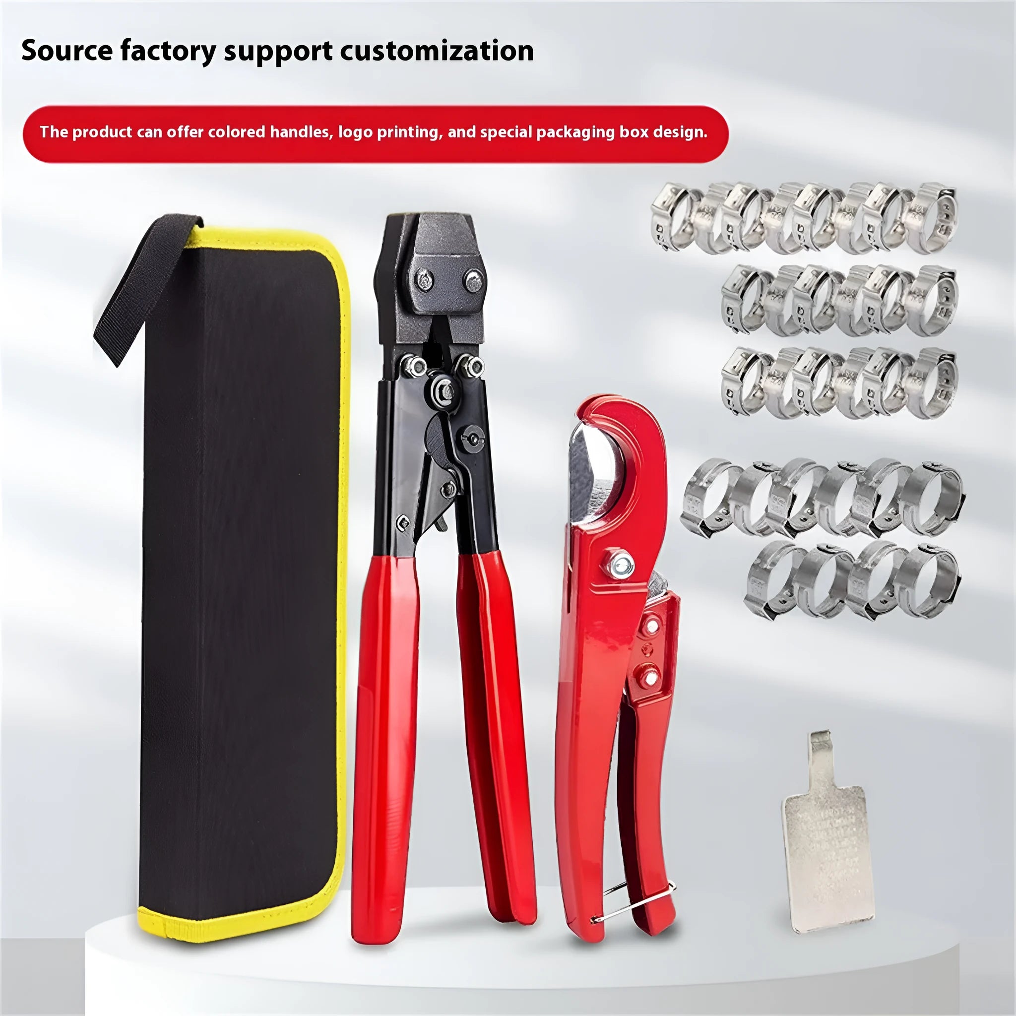 Red cloth PEX clamp set with metal construction and carbon steel cutting edges