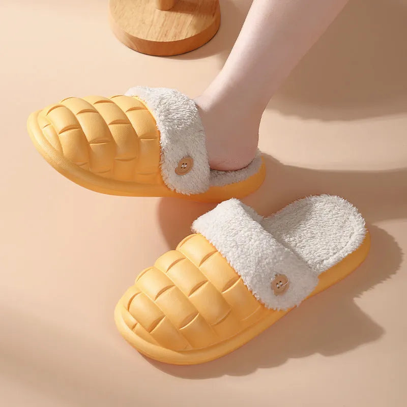 Plaid detachable EVA house slippers with plush lining, shown in pink for women.