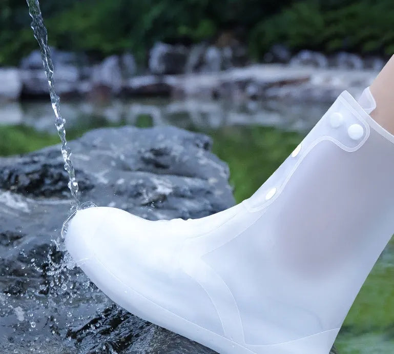 White PVC high-top reusable waterproof shoe covers with anti-skid soles