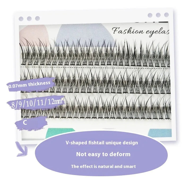Black V-shaped fairy fishtail false eyelashes with thick segments on a clear lash band.
