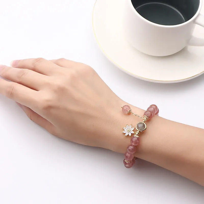 Strawberry quartz crystal bracelet with electroplated floral elements in Mori style