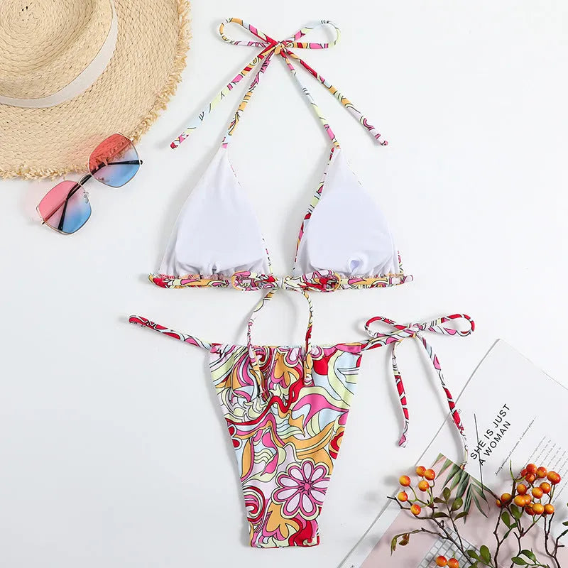 Women's multicolour triangle print bikini swimsuit with separate system and hanging neck design