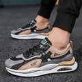 Men's grey breathable mesh casual shoes with a round toe and middle-top height on a white background.