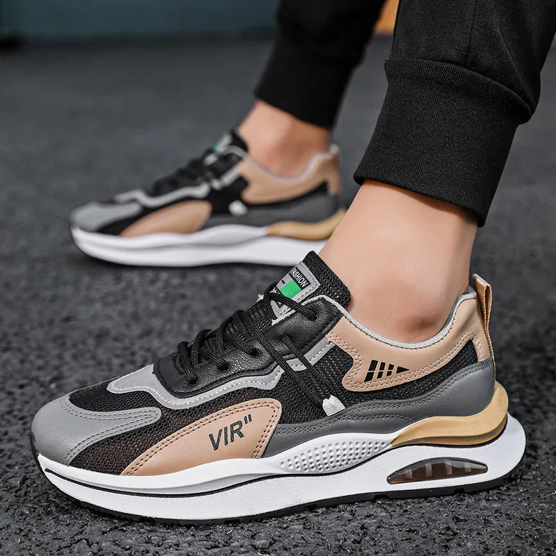 Men's grey breathable mesh casual shoes with a round toe and middle-top height on a white background.