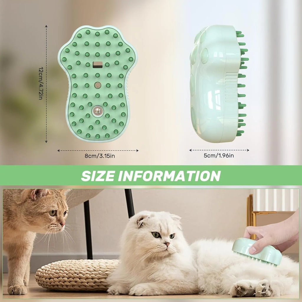 Self-cleaning cat steam brush with silicone bristles and rechargeable spray in blue colour