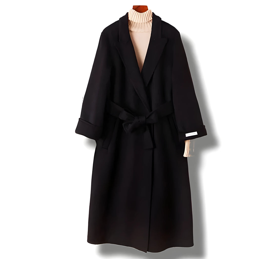 Men's long wool coat with suit collar in black and caramel colour options