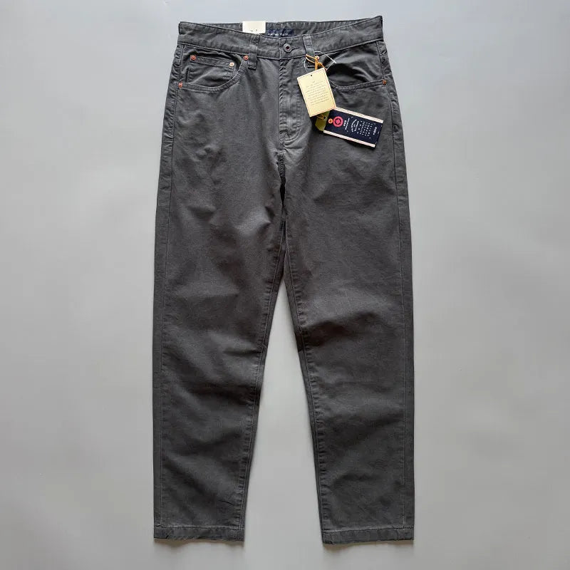 Men's straight-leg cotton casual trousers in grey, shown flat.