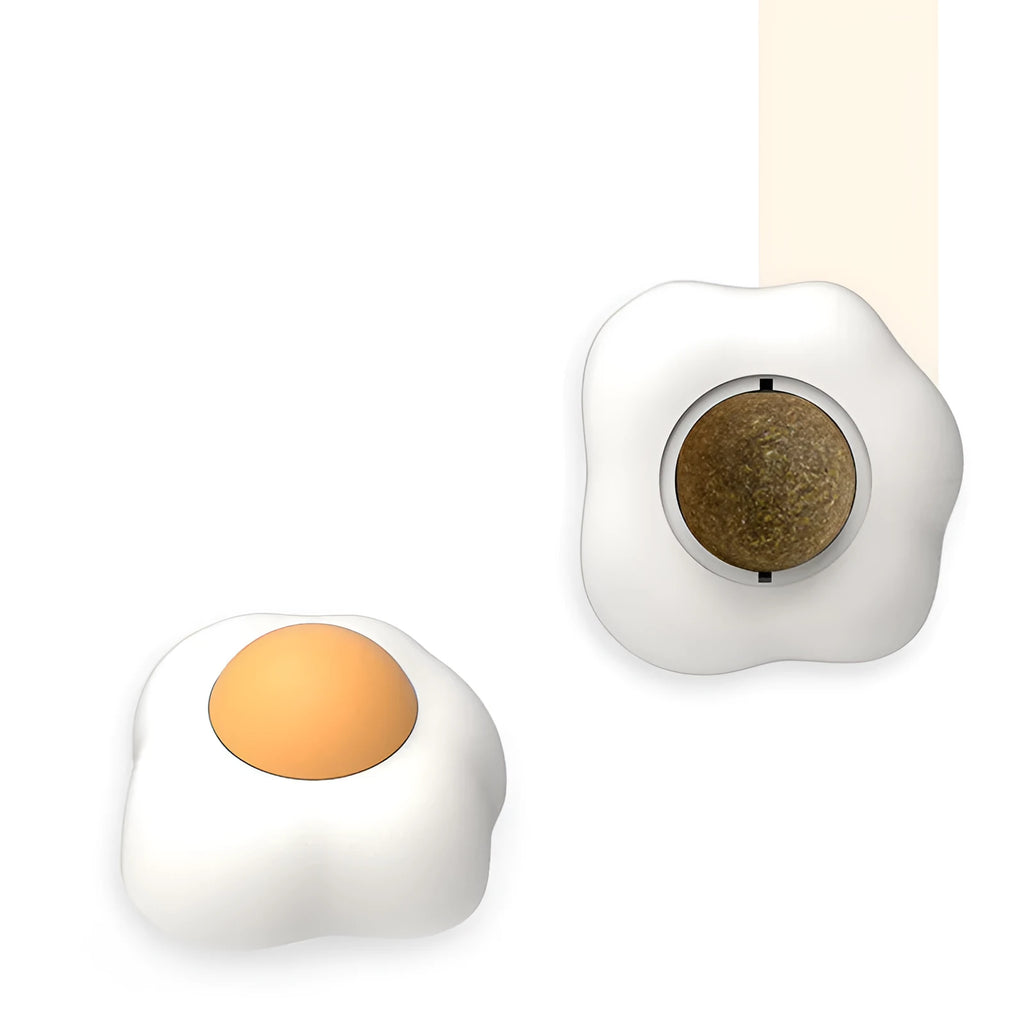 Interactive catnip ball toy with 360 rotation mounted on wall for feline teeth cleaning play