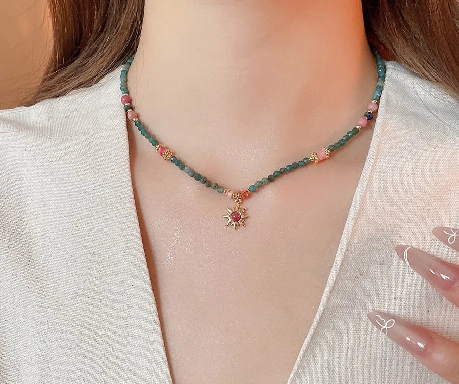Freshwater pearl necklace with stone sun pendant in French royal court style, blue sun colour option