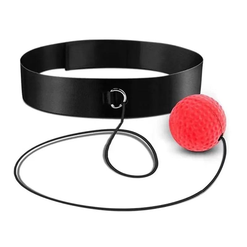 Head-mounted boxing reaction ball trainer with adjustable headband and multiple coloured balls