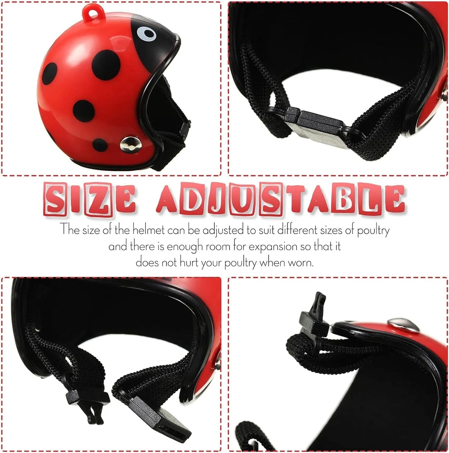 Small plastic pet helmet with elastic bands for chickens and birds on measurement background