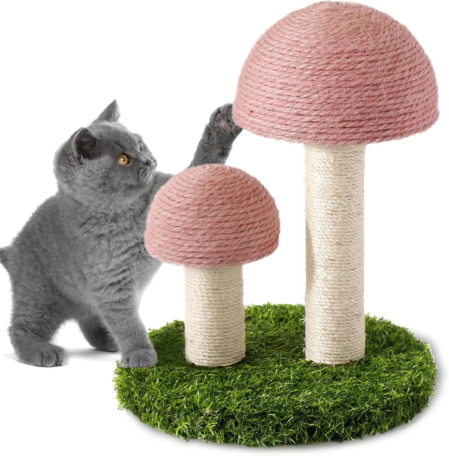 Pink mushroom-shaped cat scratching post made from natural sisal with a sturdy base.