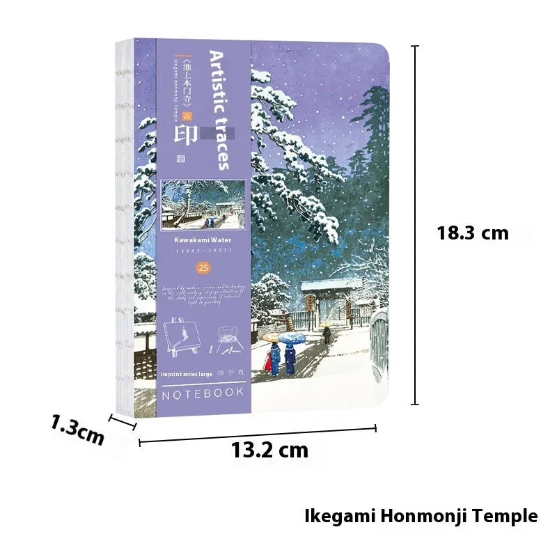 Ukiyo-e series hand ledger notebook with Japanese woodblock print cover, open on a table.