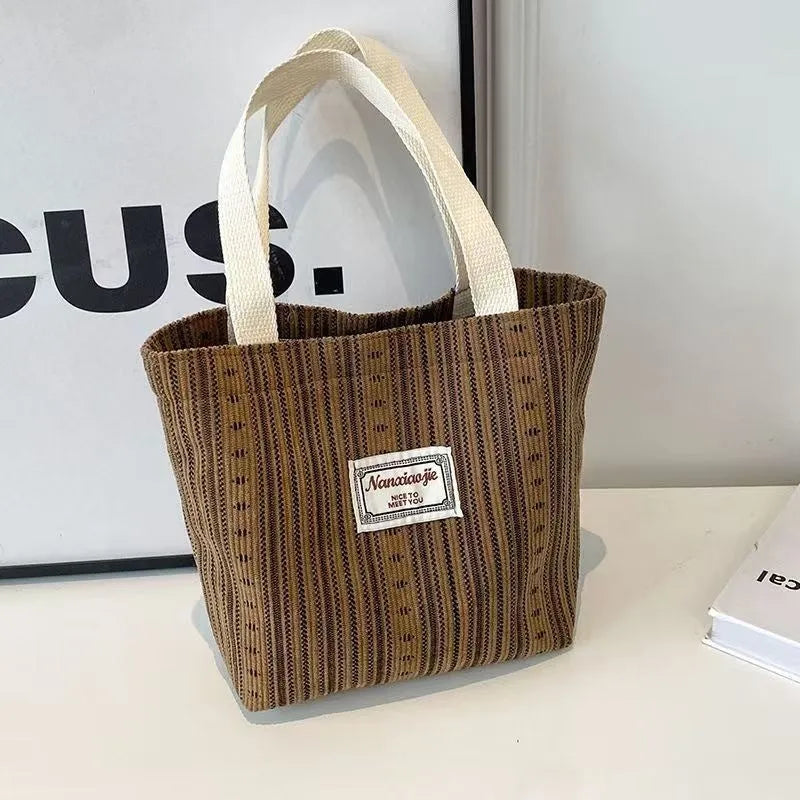 Japanese style corduroy handbag in ivory white, grey, or dark brown with large capacity interior