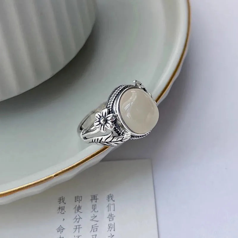 Adjustable open mouth copper vintage ring with white chalcedony colour stone
