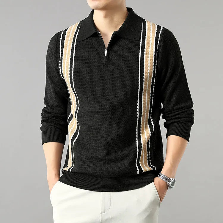 Men's turn-down collar half-zip long sleeve colour block striped polo sweater in beige on a plain background