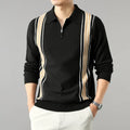 Men's turn-down collar half-zip long sleeve colour block striped polo sweater in beige on a plain background